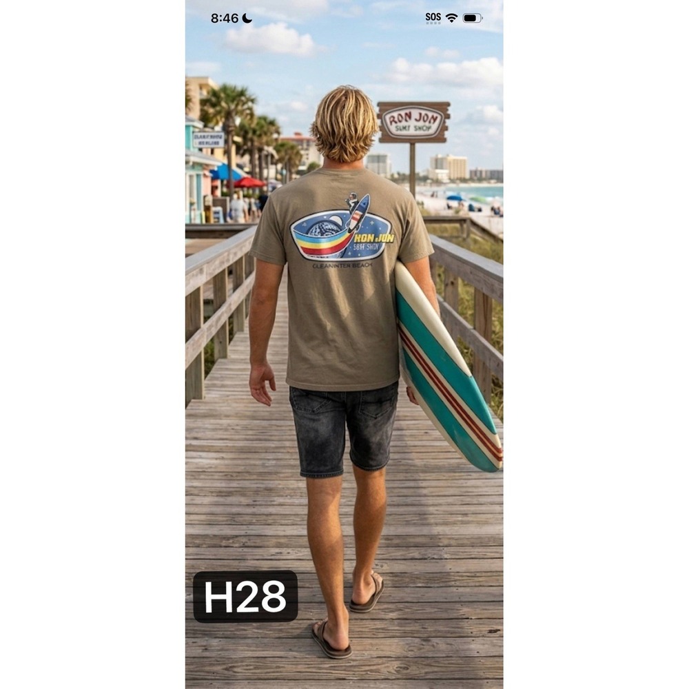 Ron Jon Surf Shop Clearwater Beach Cosmic Astronaut Surfer‎ Graphic Tee Sz L Tan